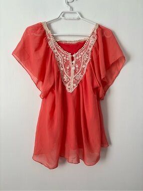 Coral Sheer Chiffon Boho Top Crochet Lace Trim Flutter Sleeve Peasant Blouse - S